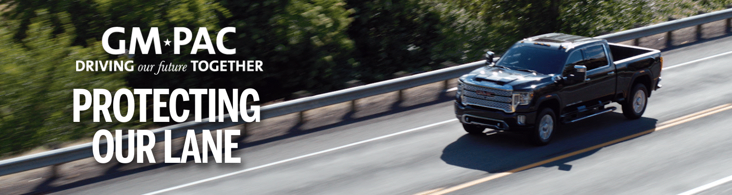 Animated Protecting Our Lane email banner featuring a GMC pickup on the highway