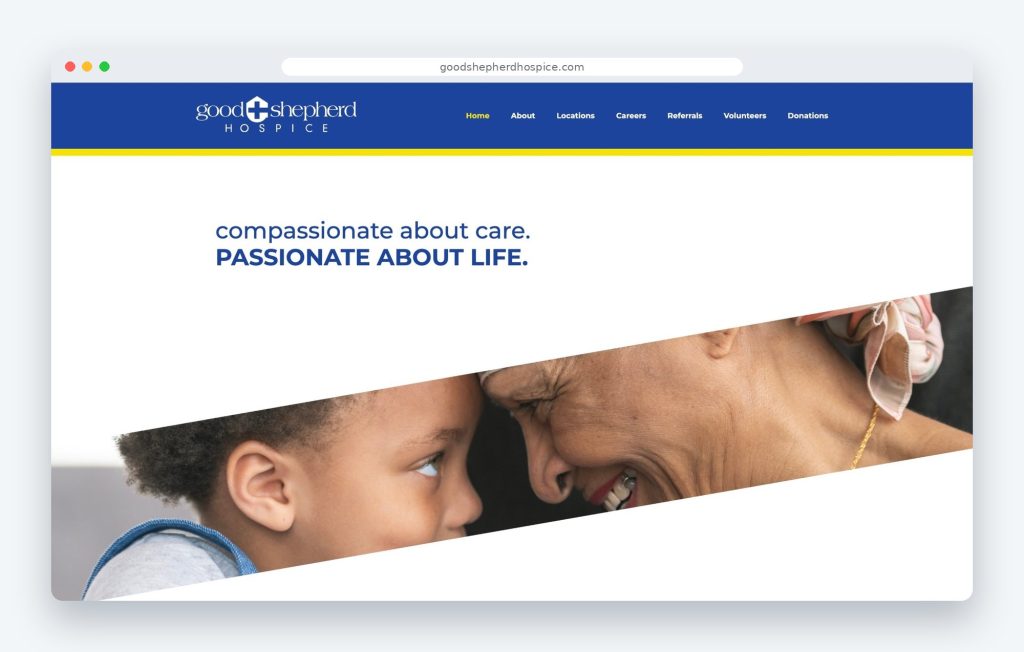 The Good Shepherd Hospice website homepage Brian designed, with a diagonal photo band below the tagline